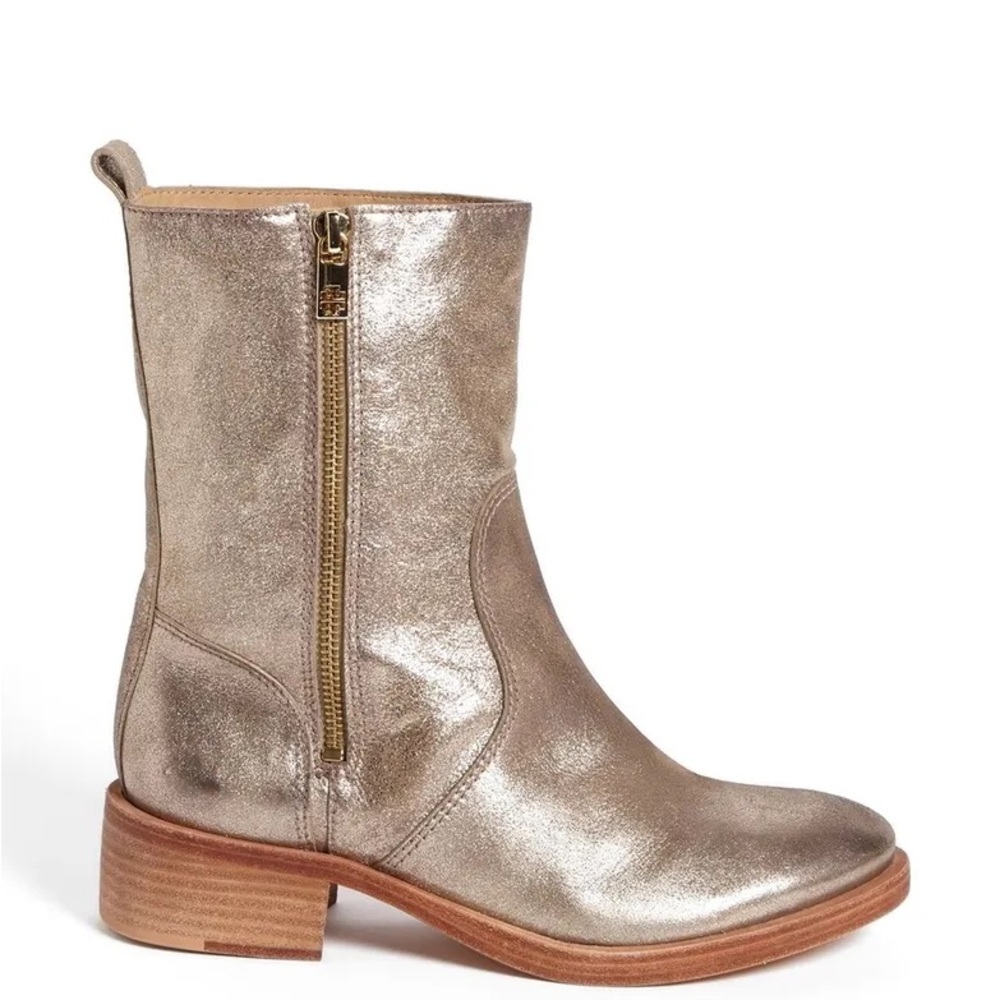 TORY BURCH Gold Metallic Leather HALLE Mid Combat Boots Size 6